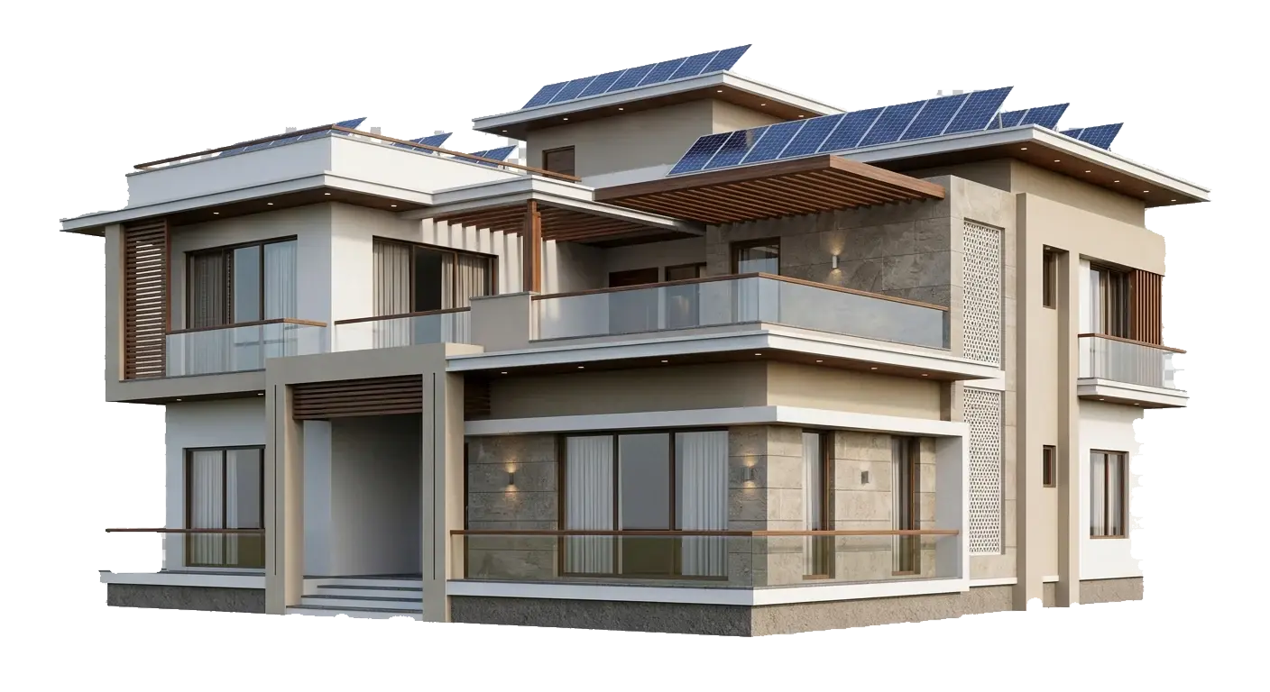 A modern two-storey home with rooftop solar panels